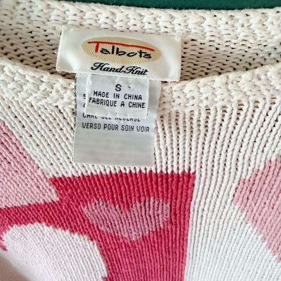 Vintage 90s TALBOTS Sweater Hand Knit Heart Print Cotton Linen Small Pink Red - Picture 4 of 5